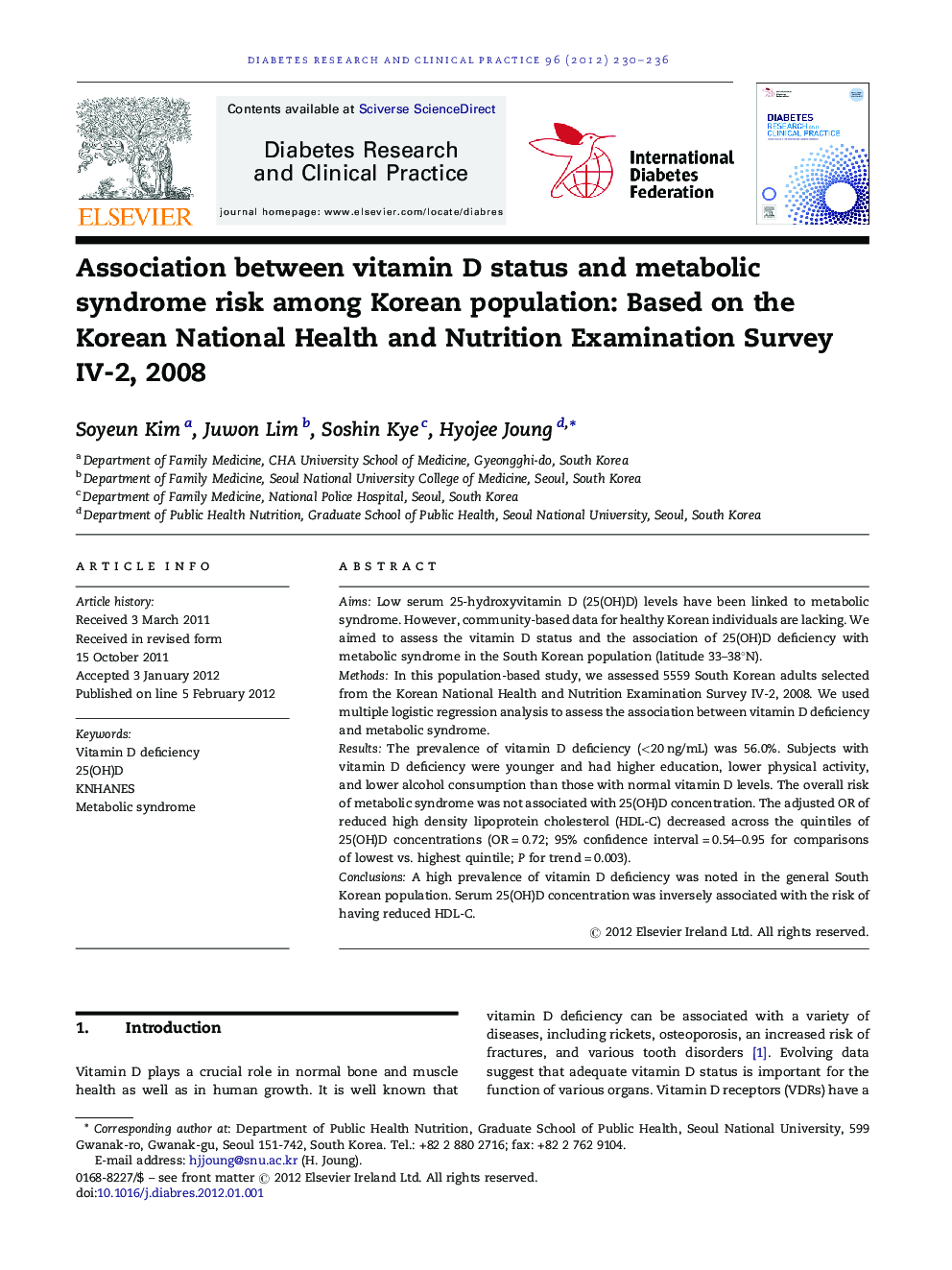 Association between vitamin D status and metabolic syndrome risk among Korean population: Based on the Korean National Health and Nutrition Examination Survey IV-2, 2008