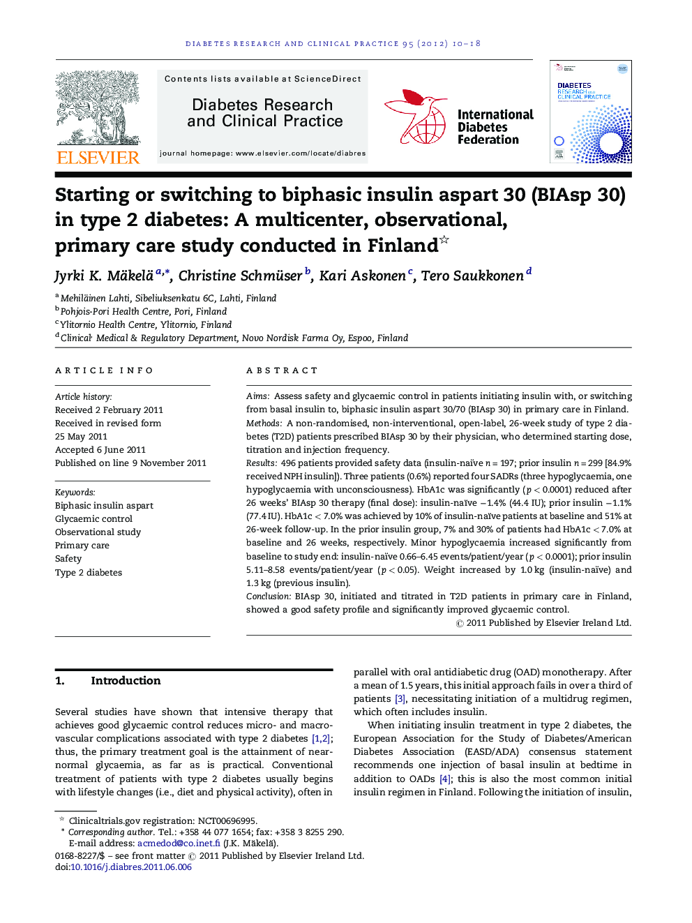 Starting or switching to biphasic insulin aspart 30 (BIAsp 30) in type 2 diabetes: A multicenter, observational, primary care study conducted in Finland 