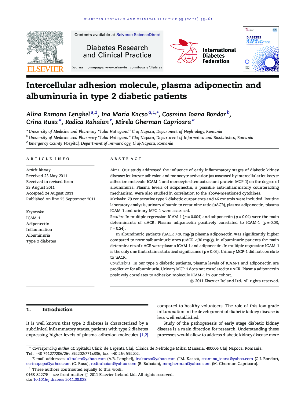 Intercellular adhesion molecule, plasma adiponectin and albuminuria in type 2 diabetic patients