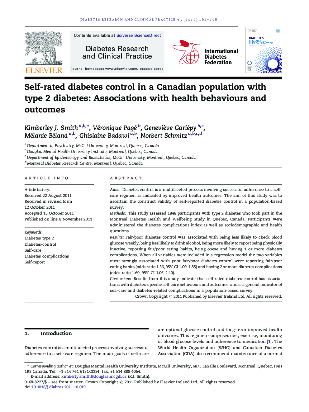 Self-rated diabetes control in a Canadian population with type 2 diabetes: Associations with health behaviours and outcomes