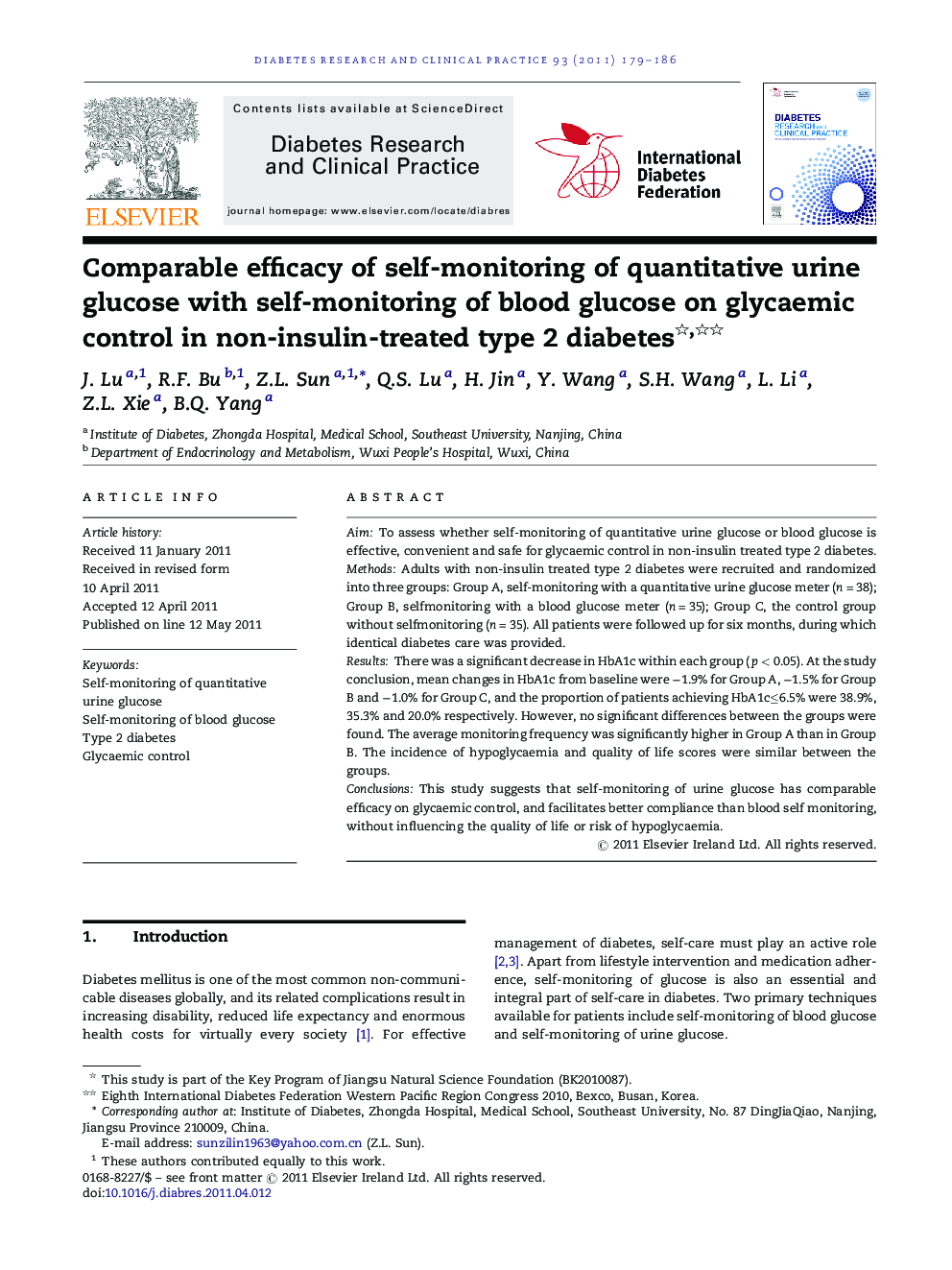 Comparable efficacy of self-monitoring of quantitative urine glucose with self-monitoring of blood glucose on glycaemic control in non-insulin-treated type 2 diabetes 