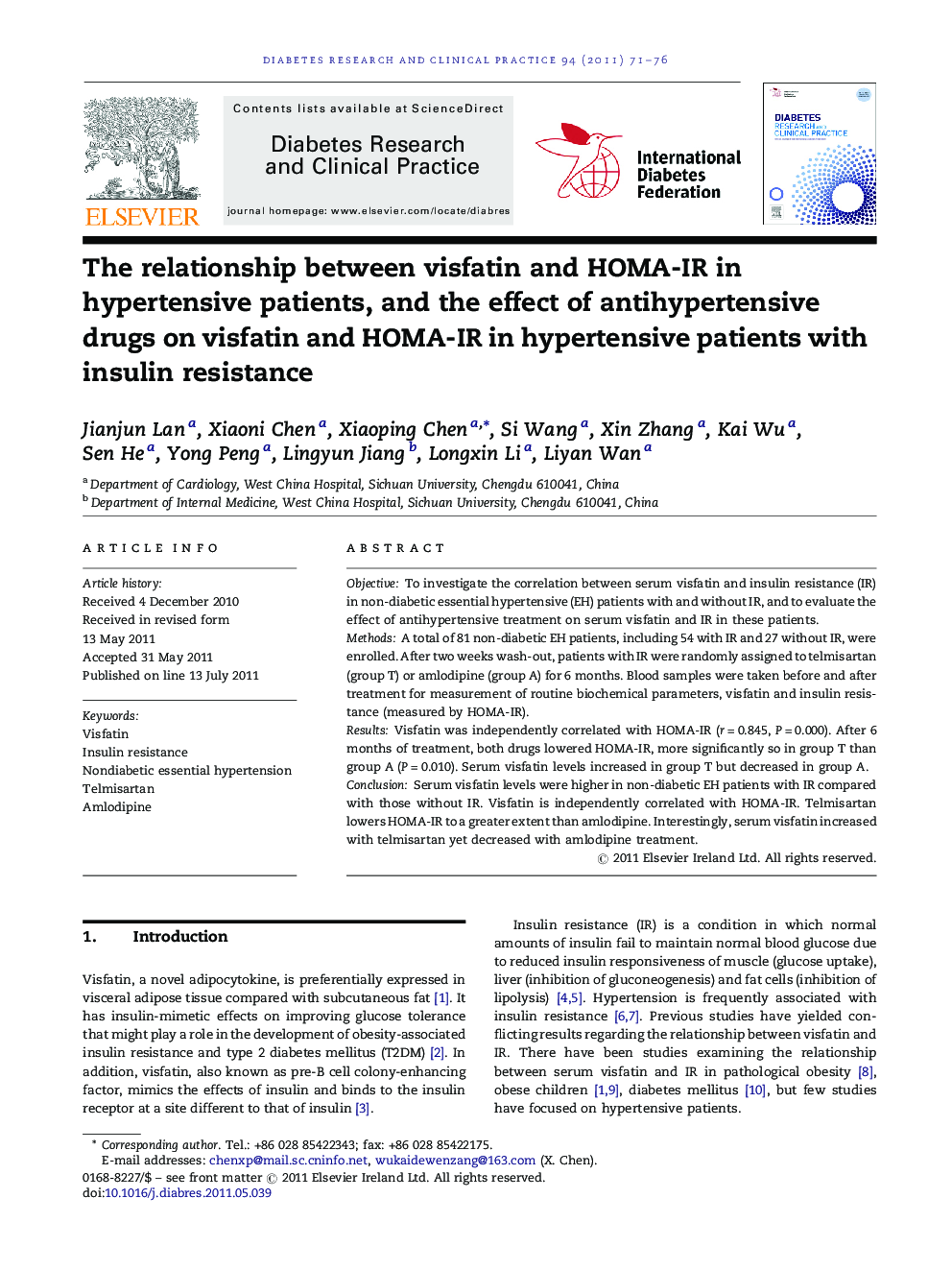 The relationship between visfatin and HOMA-IR in hypertensive patients, and the effect of antihypertensive drugs on visfatin and HOMA-IR in hypertensive patients with insulin resistance