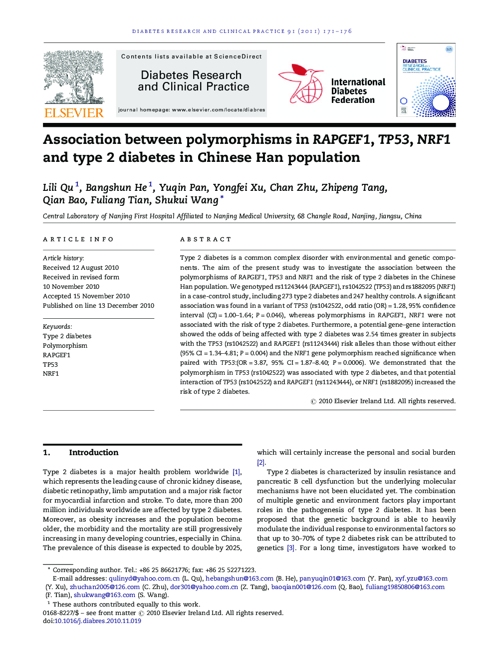 Association between polymorphisms in RAPGEF1, TP53, NRF1 and type 2 diabetes in Chinese Han population