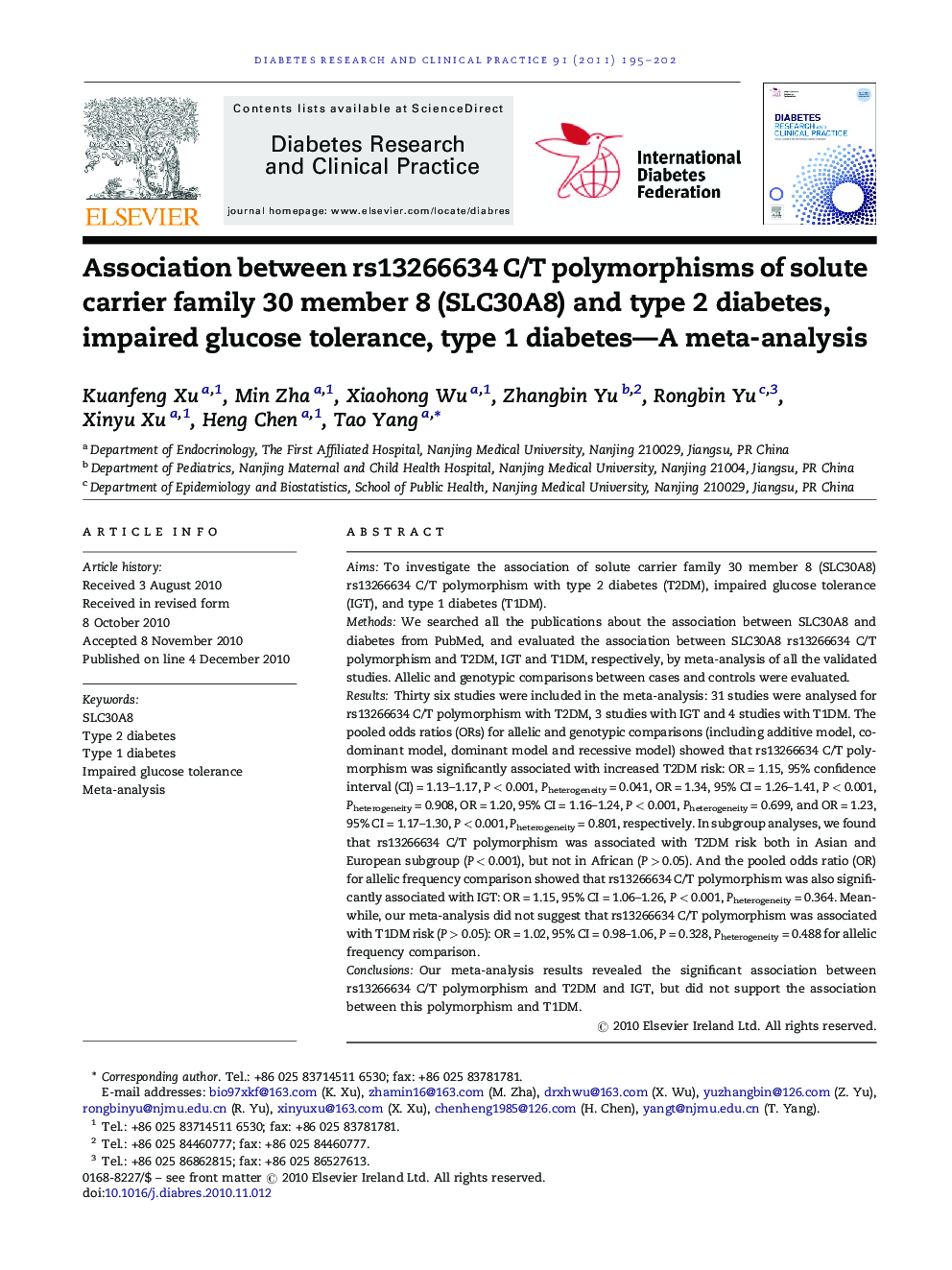 Association between rs13266634 C/T polymorphisms of solute carrier family 30 member 8 (SLC30A8) and type 2 diabetes, impaired glucose tolerance, type 1 diabetes—A meta-analysis