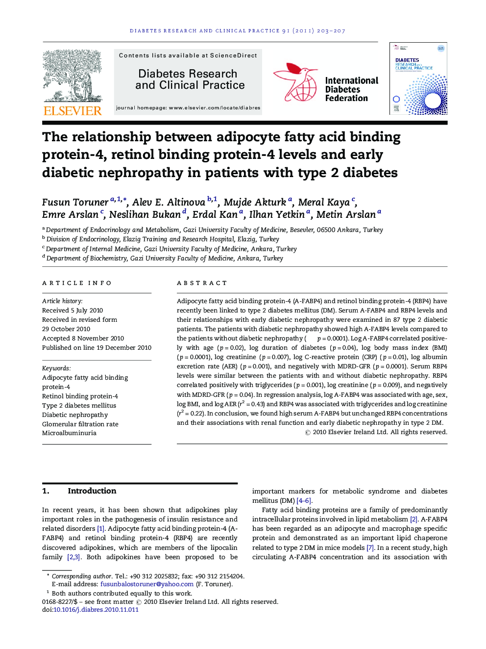The relationship between adipocyte fatty acid binding protein-4, retinol binding protein-4 levels and early diabetic nephropathy in patients with type 2 diabetes