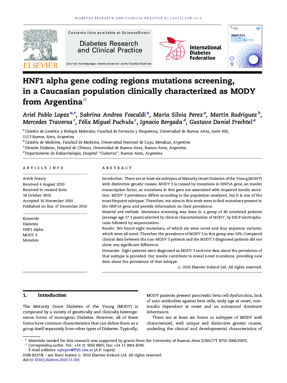 HNF1 alpha gene coding regions mutations screening, in a Caucasian population clinically characterized as MODY from Argentina 