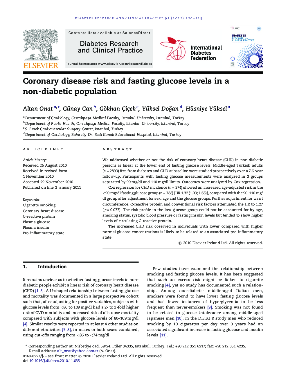Coronary disease risk and fasting glucose levels in a non-diabetic population