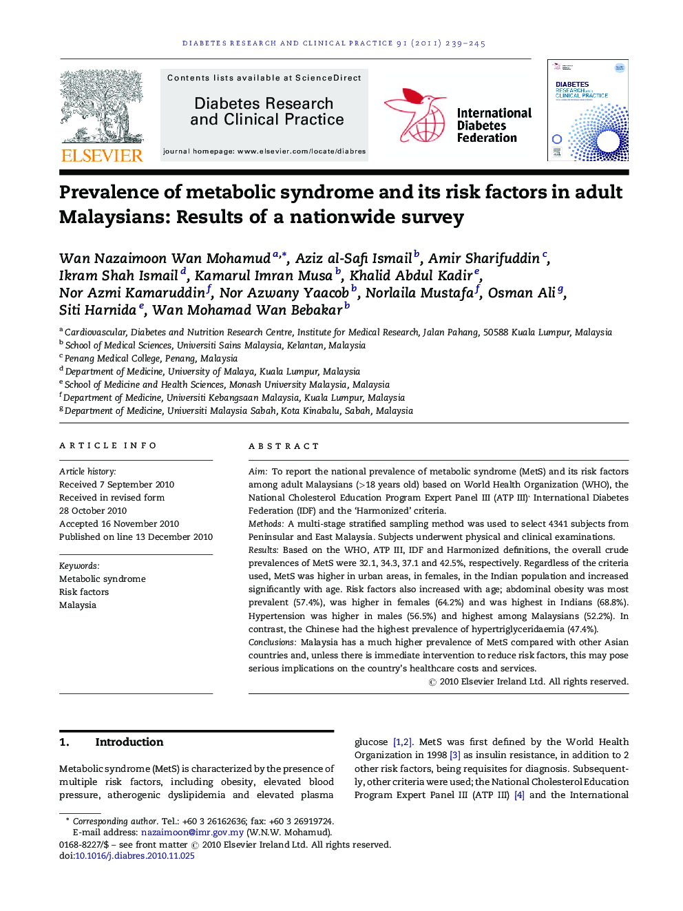 Prevalence of metabolic syndrome and its risk factors in adult Malaysians: Results of a nationwide survey