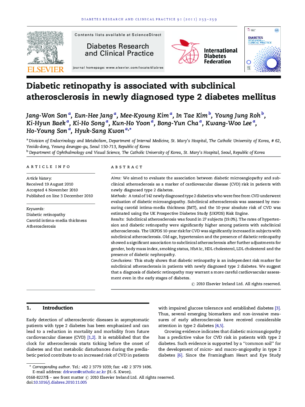 Diabetic retinopathy is associated with subclinical atherosclerosis in newly diagnosed type 2 diabetes mellitus