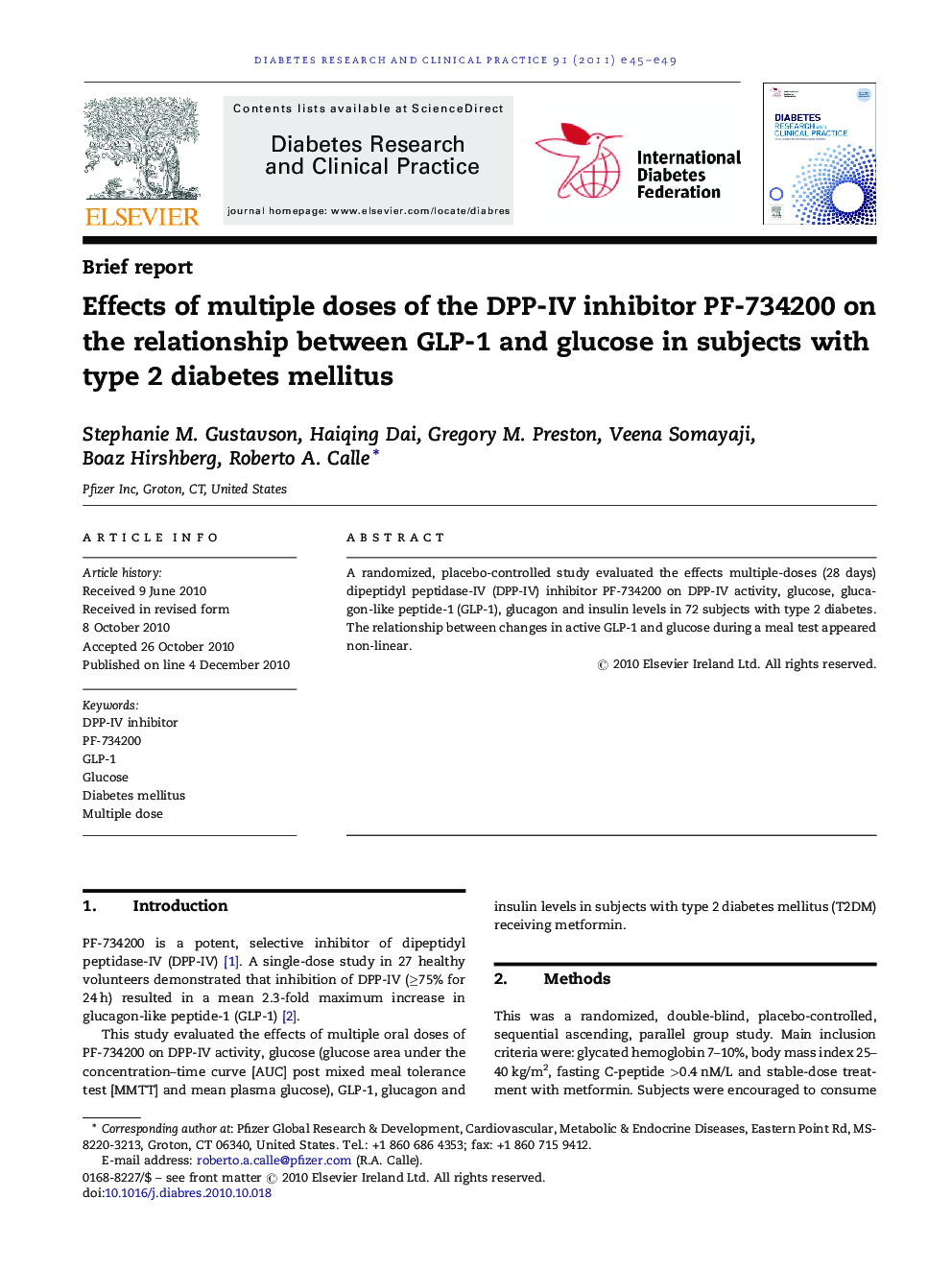 Effects of multiple doses of the DPP-IV inhibitor PF-734200 on the relationship between GLP-1 and glucose in subjects with type 2 diabetes mellitus
