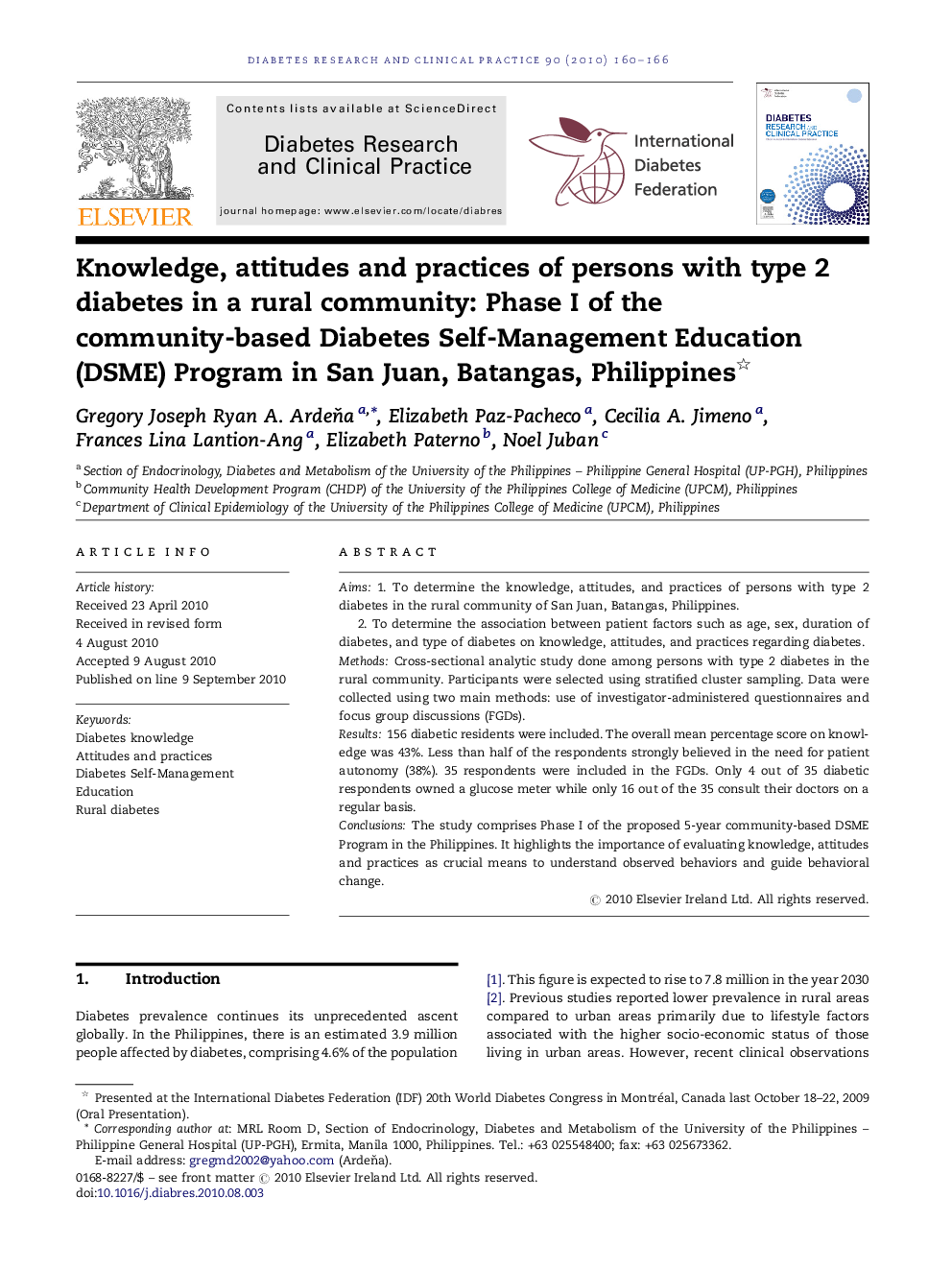 Knowledge, attitudes and practices of persons with type 2 diabetes in a rural community: Phase I of the community-based Diabetes Self-Management Education (DSME) Program in San Juan, Batangas, Philippines 