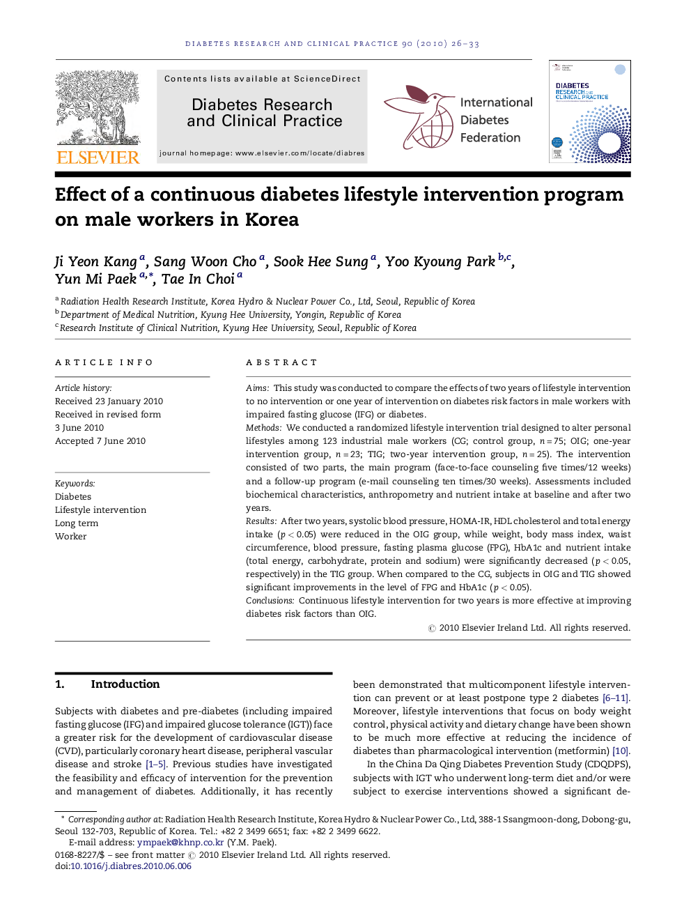 Effect of a continuous diabetes lifestyle intervention program on male workers in Korea