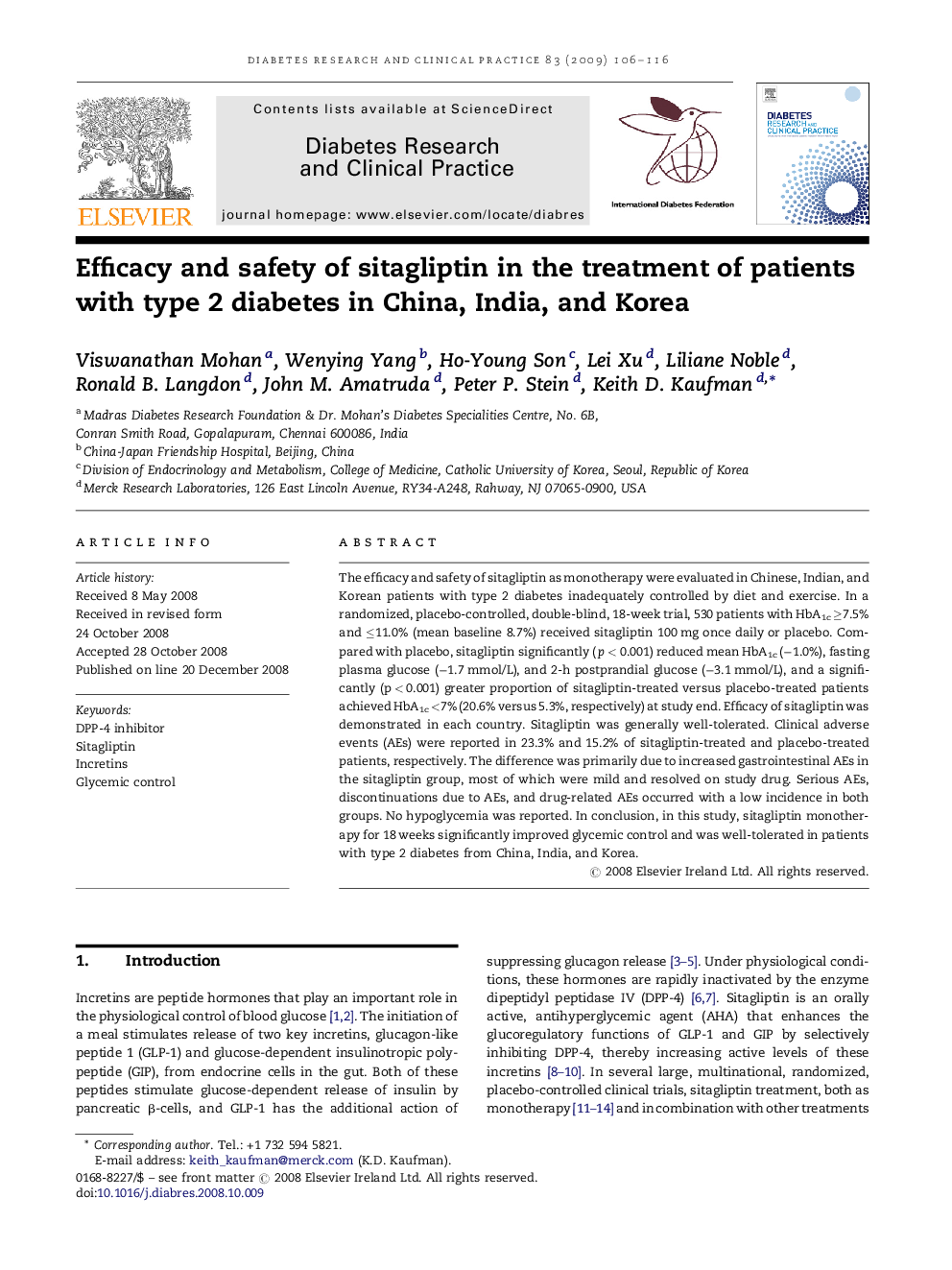 Efficacy and safety of sitagliptin in the treatment of patients with type 2 diabetes in China, India, and Korea