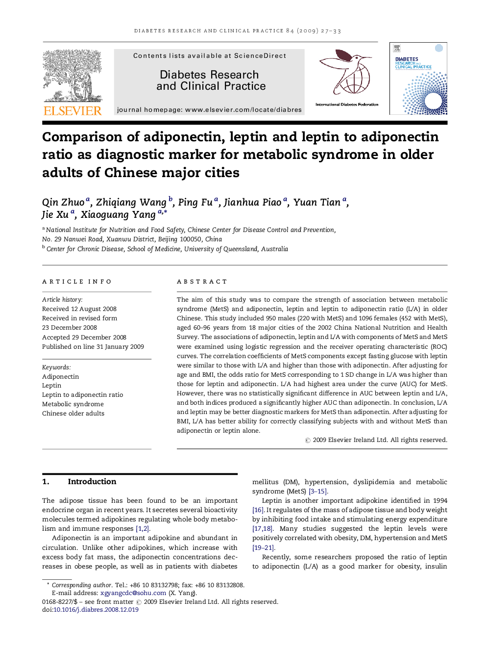 Comparison of adiponectin, leptin and leptin to adiponectin ratio as diagnostic marker for metabolic syndrome in older adults of Chinese major cities