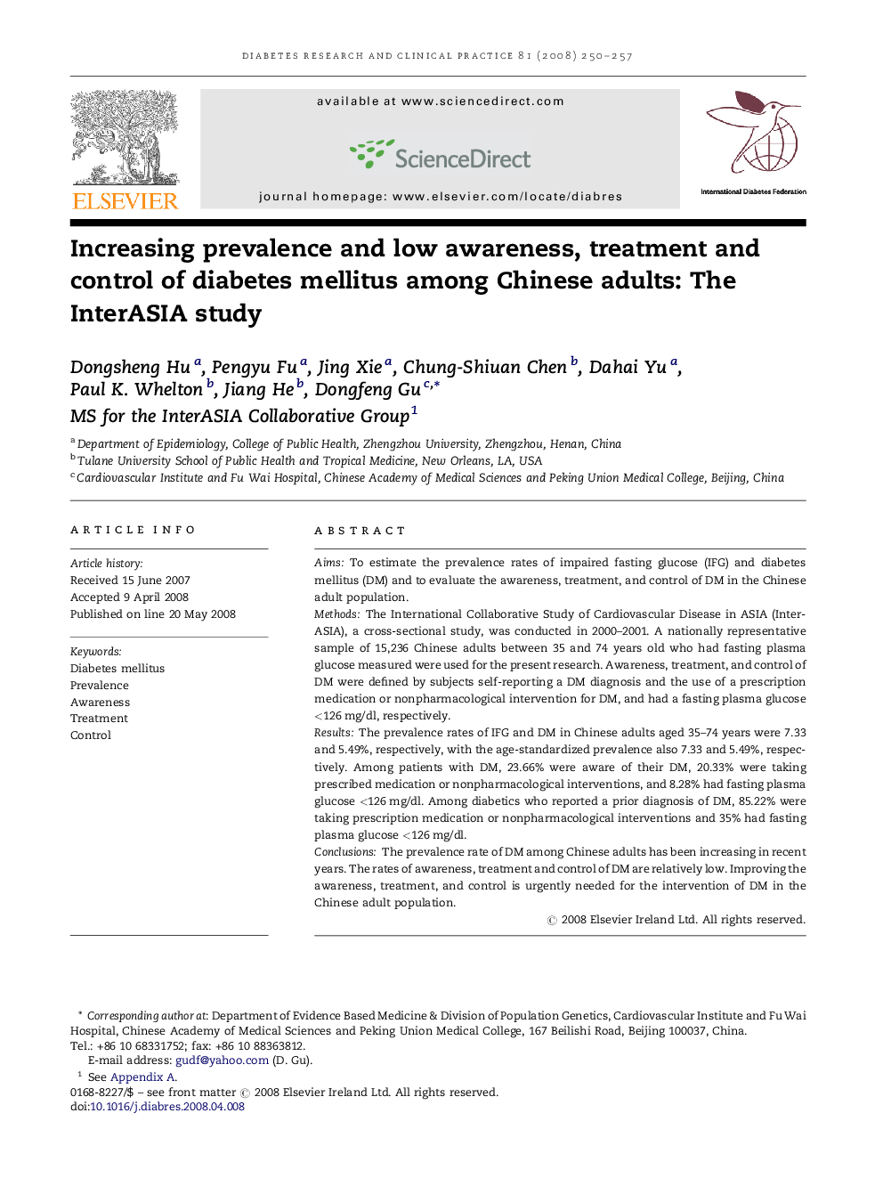 Increasing prevalence and low awareness, treatment and control of diabetes mellitus among Chinese adults: The InterASIA study