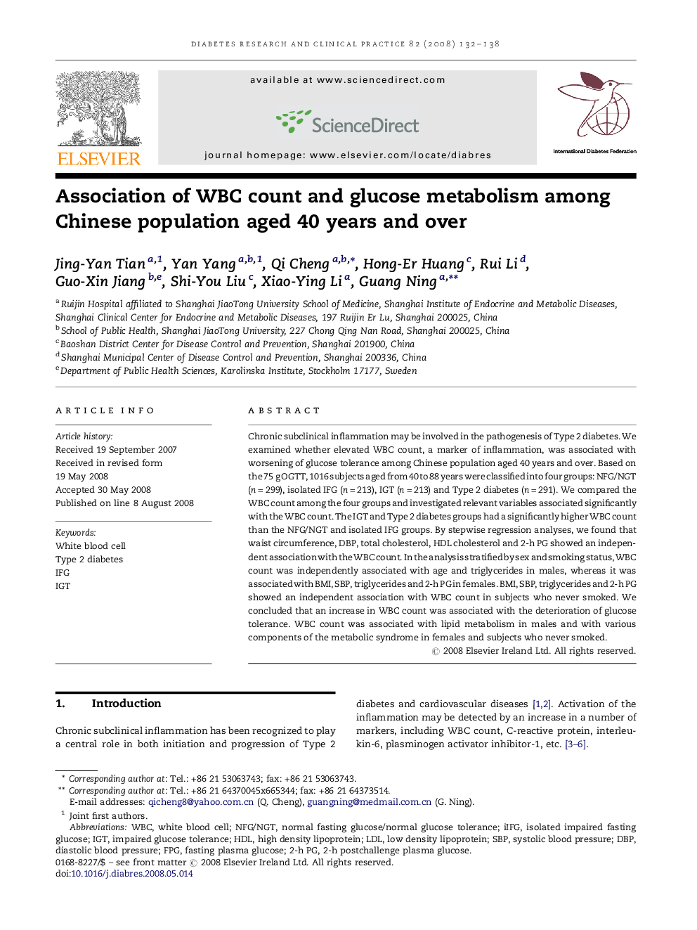 Association of WBC count and glucose metabolism among Chinese population aged 40 years and over