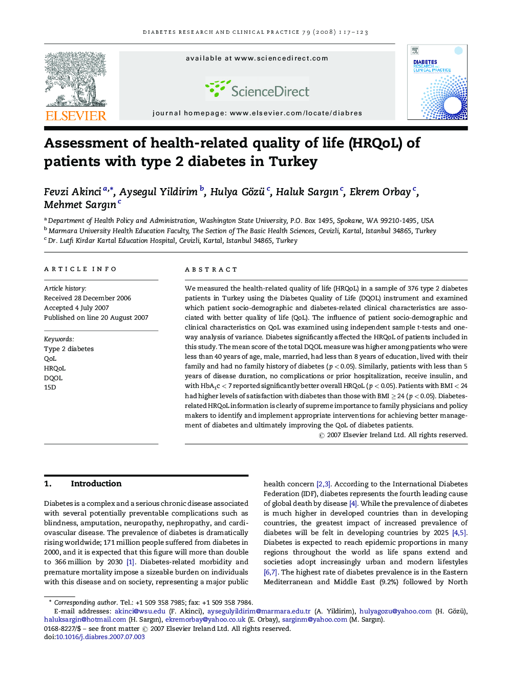 Assessment of health-related quality of life (HRQoL) of patients with type 2 diabetes in Turkey