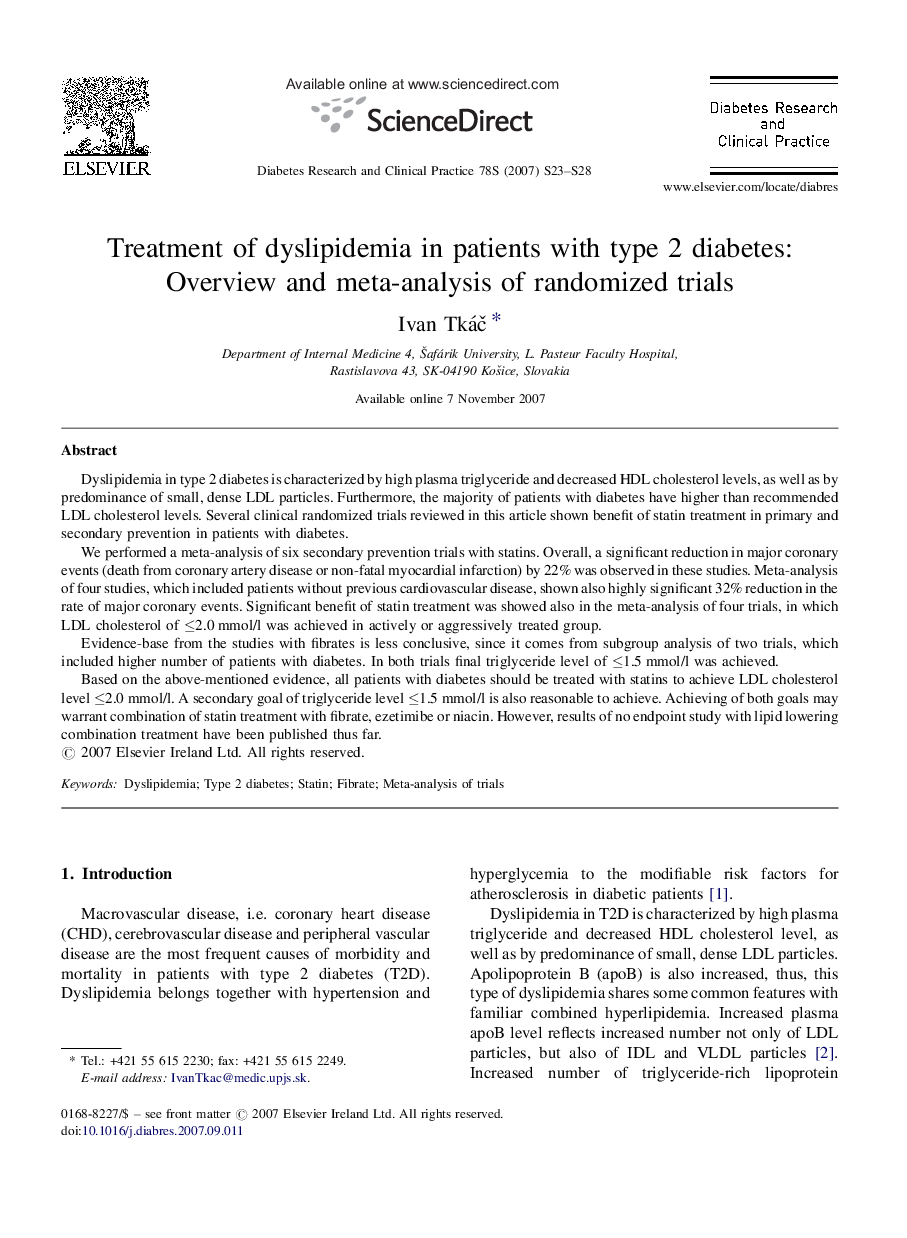 Treatment of dyslipidemia in patients with type 2 diabetes: Overview and meta-analysis of randomized trials