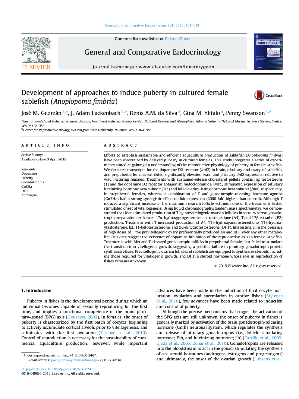 Development of approaches to induce puberty in cultured female sablefish (Anoplopoma fimbria)