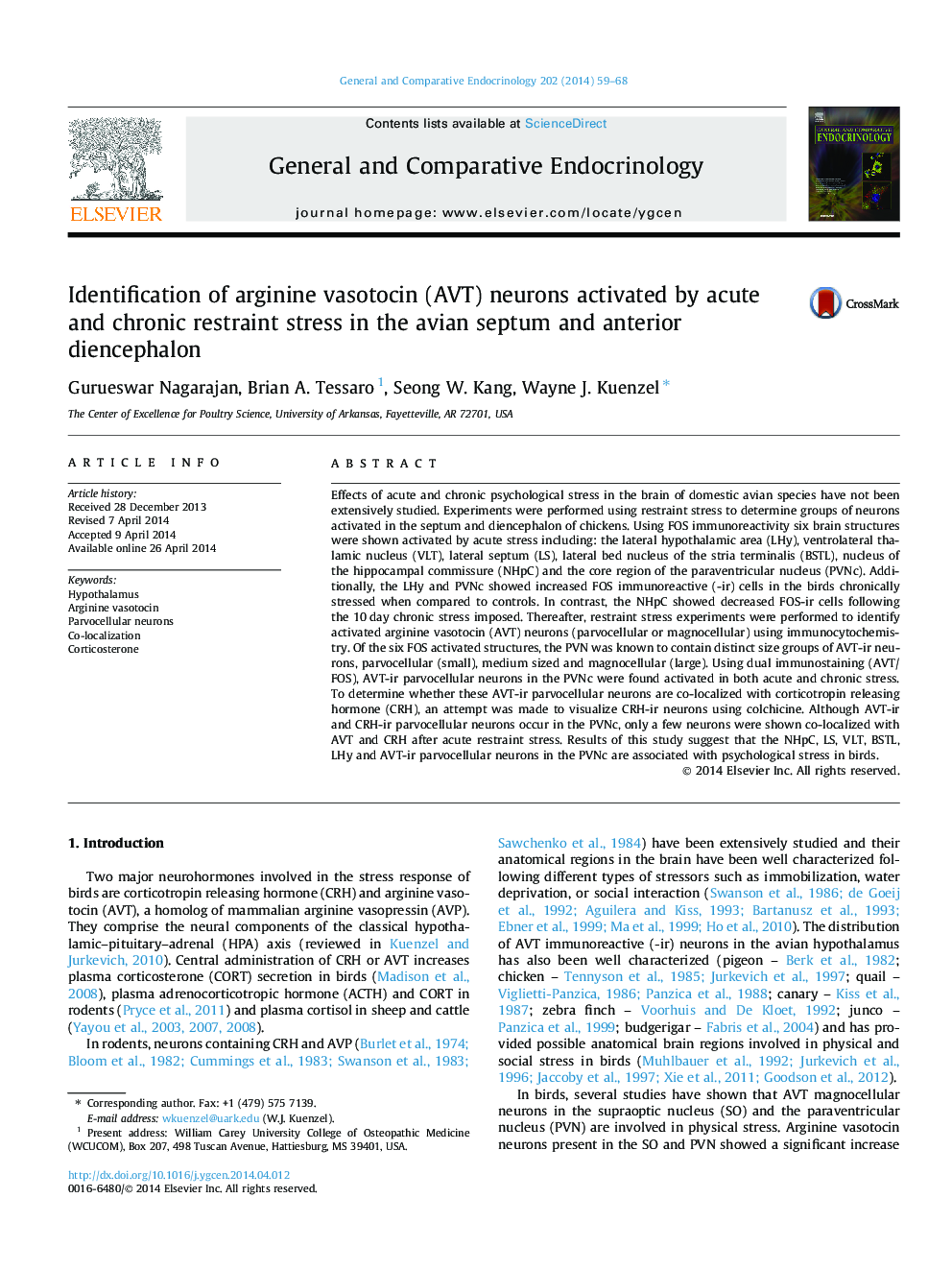 Identification of arginine vasotocin (AVT) neurons activated by acute and chronic restraint stress in the avian septum and anterior diencephalon