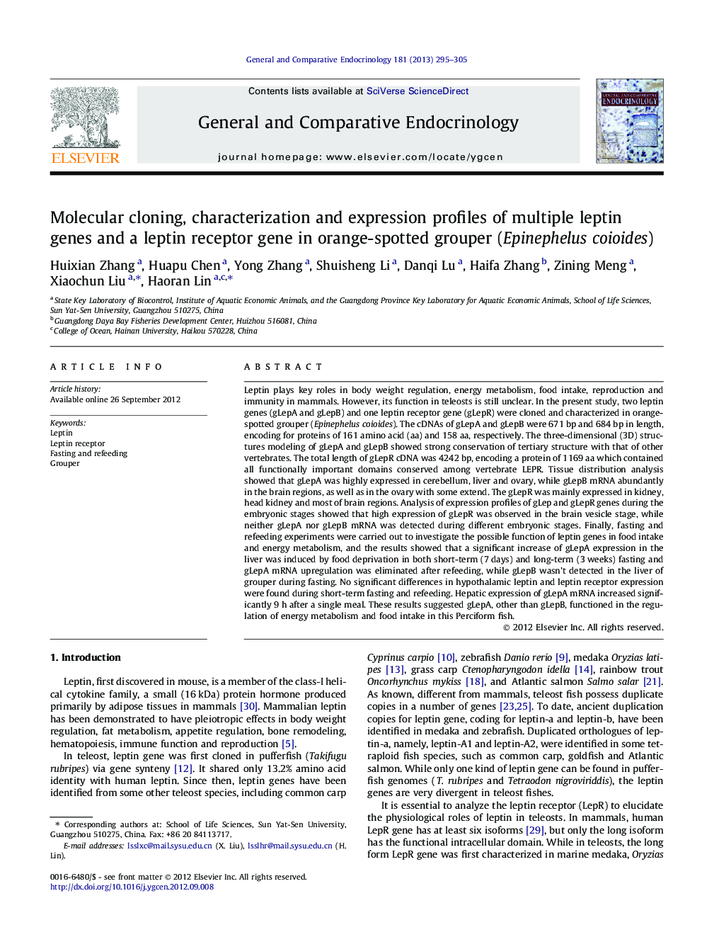 Molecular cloning, characterization and expression profiles of multiple leptin genes and a leptin receptor gene in orange-spotted grouper (Epinephelus coioides)