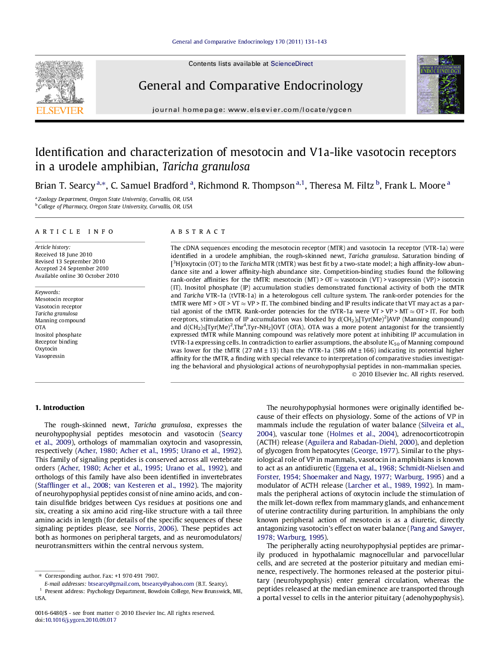 Identification and characterization of mesotocin and V1a-like vasotocin receptors in a urodele amphibian, Taricha granulosa