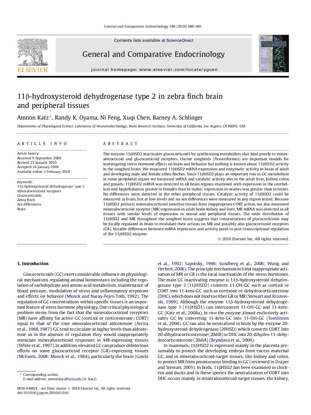 11β-hydroxysteroid dehydrogenase type 2 in zebra finch brain and peripheral tissues
