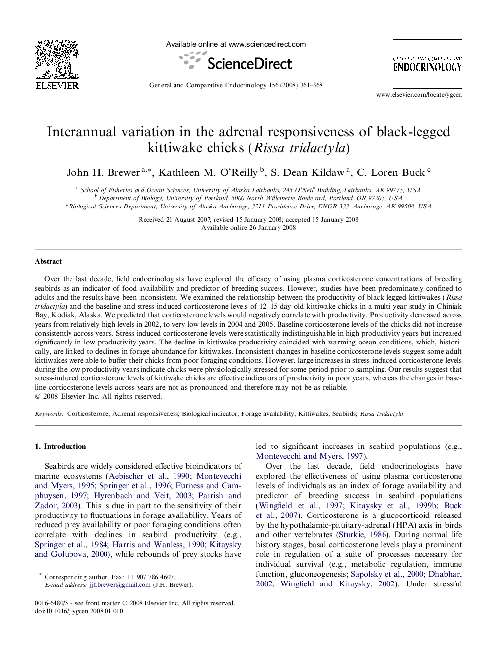 Interannual variation in the adrenal responsiveness of black-legged kittiwake chicks (Rissa tridactyla)