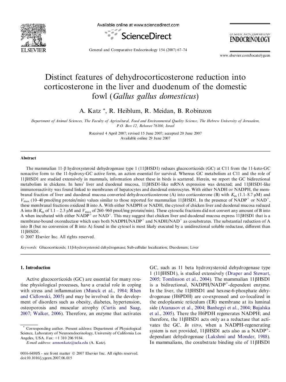 Distinct features of dehydrocorticosterone reduction into corticosterone in the liver and duodenum of the domestic fowl (Gallus gallus domesticus)