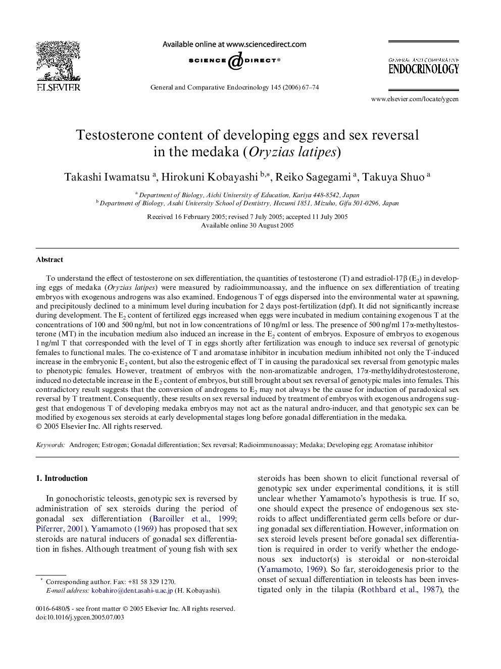 Testosterone content of developing eggs and sex reversal in the medaka (Oryzias latipes)