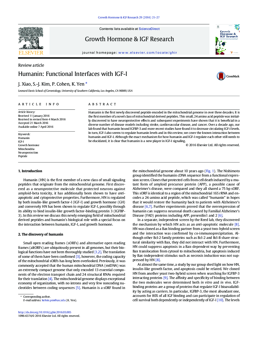 Humanin: Functional Interfaces with IGF-I