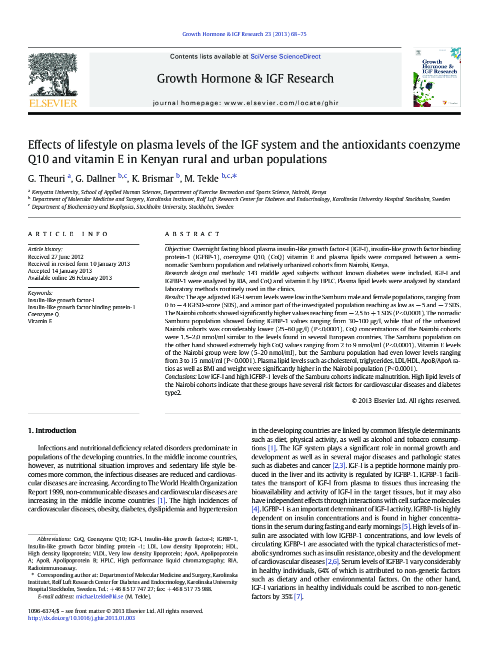 Effects of lifestyle on plasma levels of the IGF system and the antioxidants coenzyme Q10 and vitamin E in Kenyan rural and urban populations