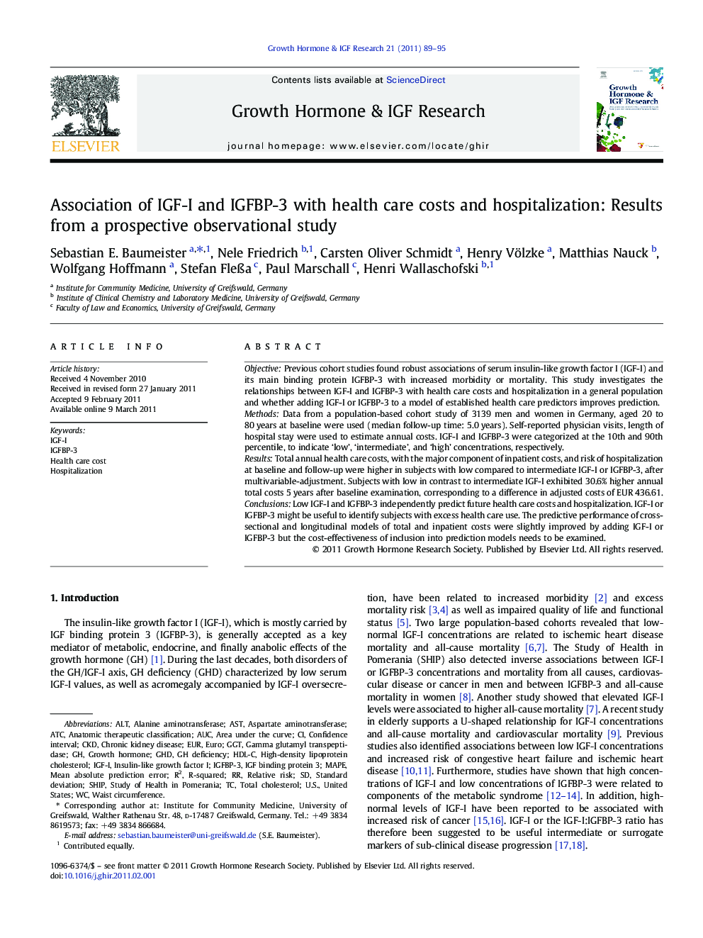 Association of IGF-I and IGFBP-3 with health care costs and hospitalization: Results from a prospective observational study