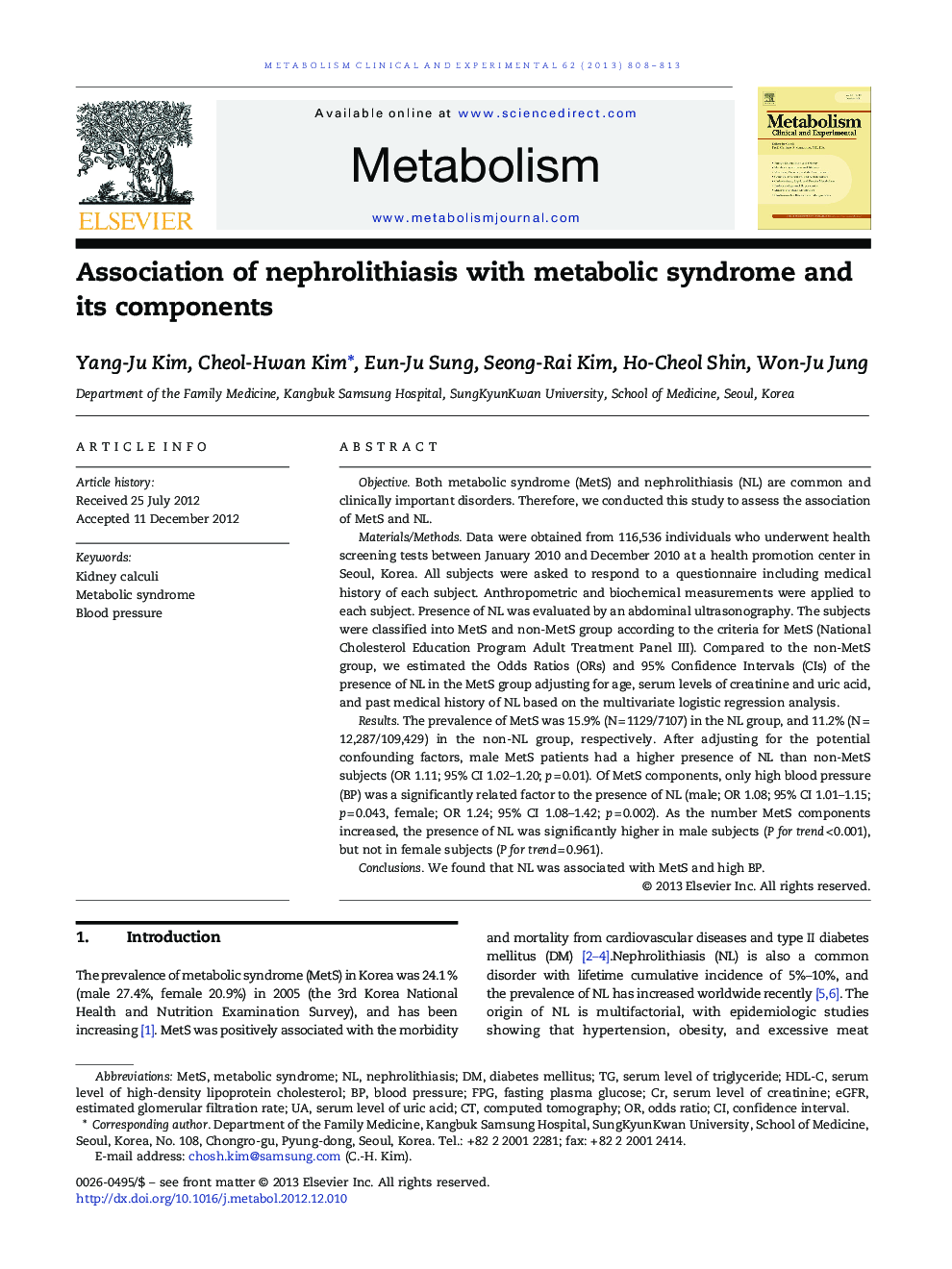 Association of nephrolithiasis with metabolic syndrome and its components