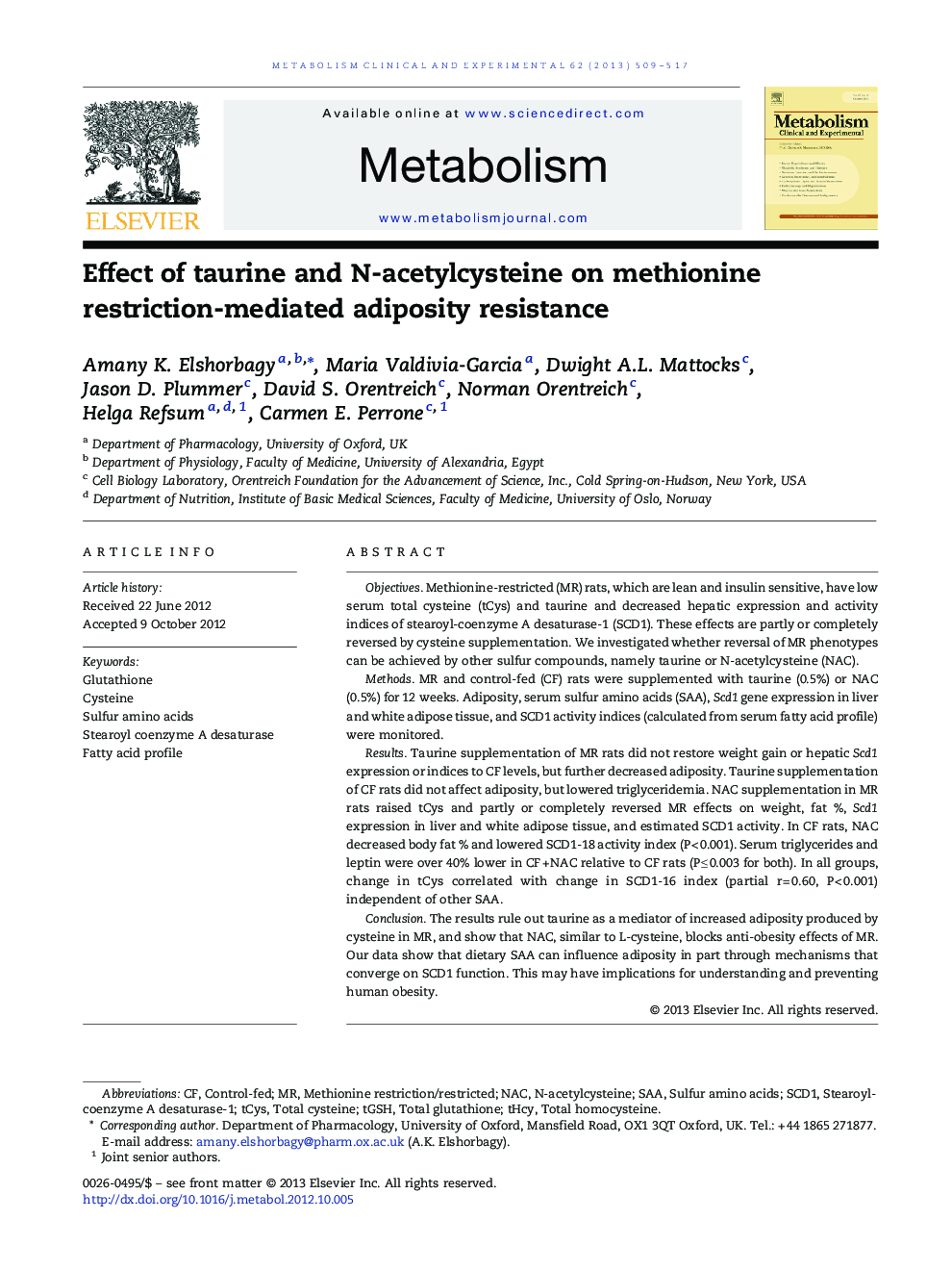 Effect of taurine and N-acetylcysteine on methionine restriction-mediated adiposity resistance