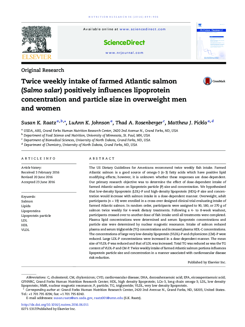 Twice weekly intake of farmed Atlantic salmon (Salmo salar) positively influences lipoprotein concentration and particle size in overweight men and women