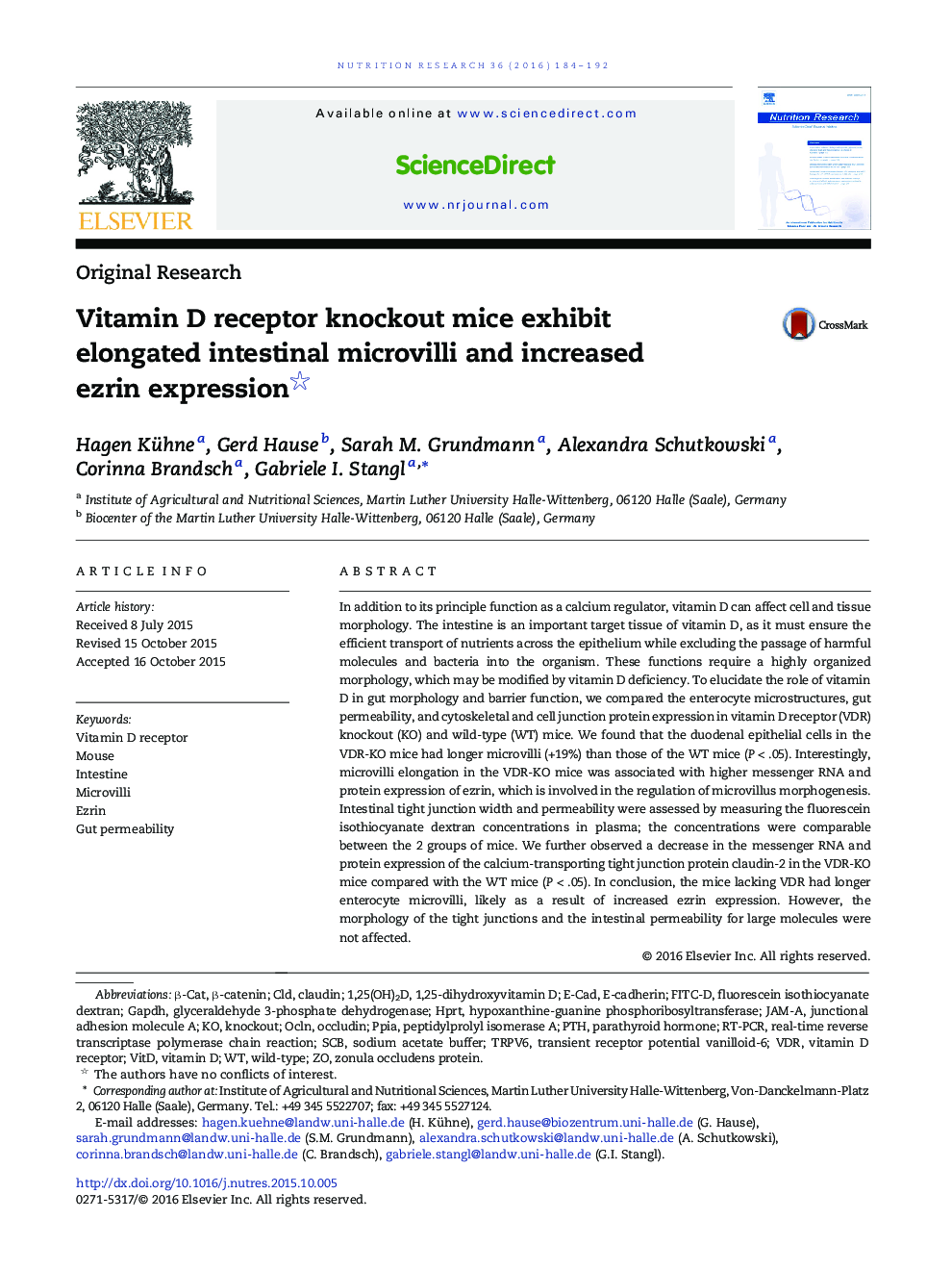 Vitamin D receptor knockout mice exhibit elongated intestinal microvilli and increased ezrin expression 