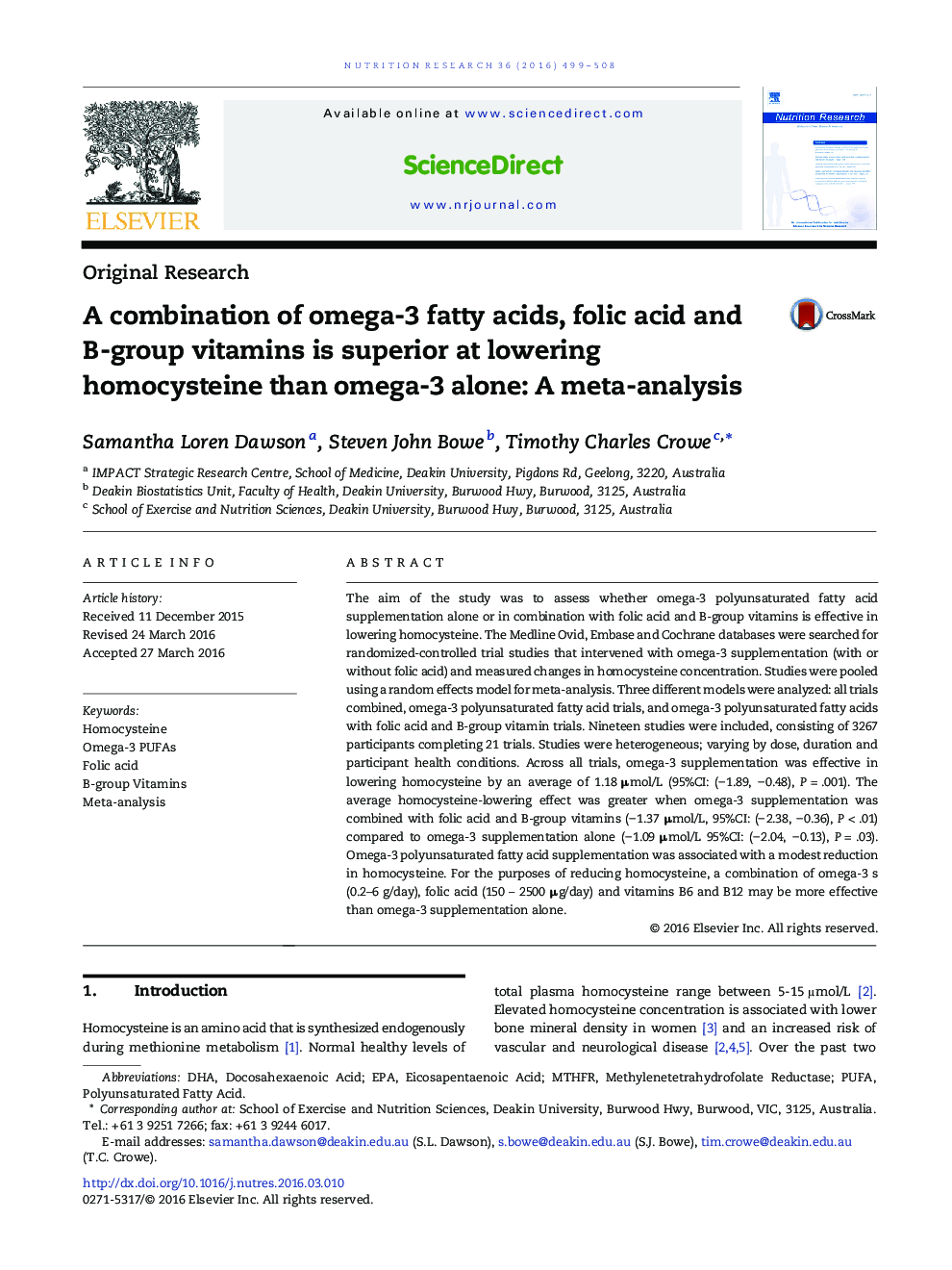 A combination of omega-3 fatty acids, folic acid and B-group vitamins is superior at lowering homocysteine than omega-3 alone: A meta-analysis