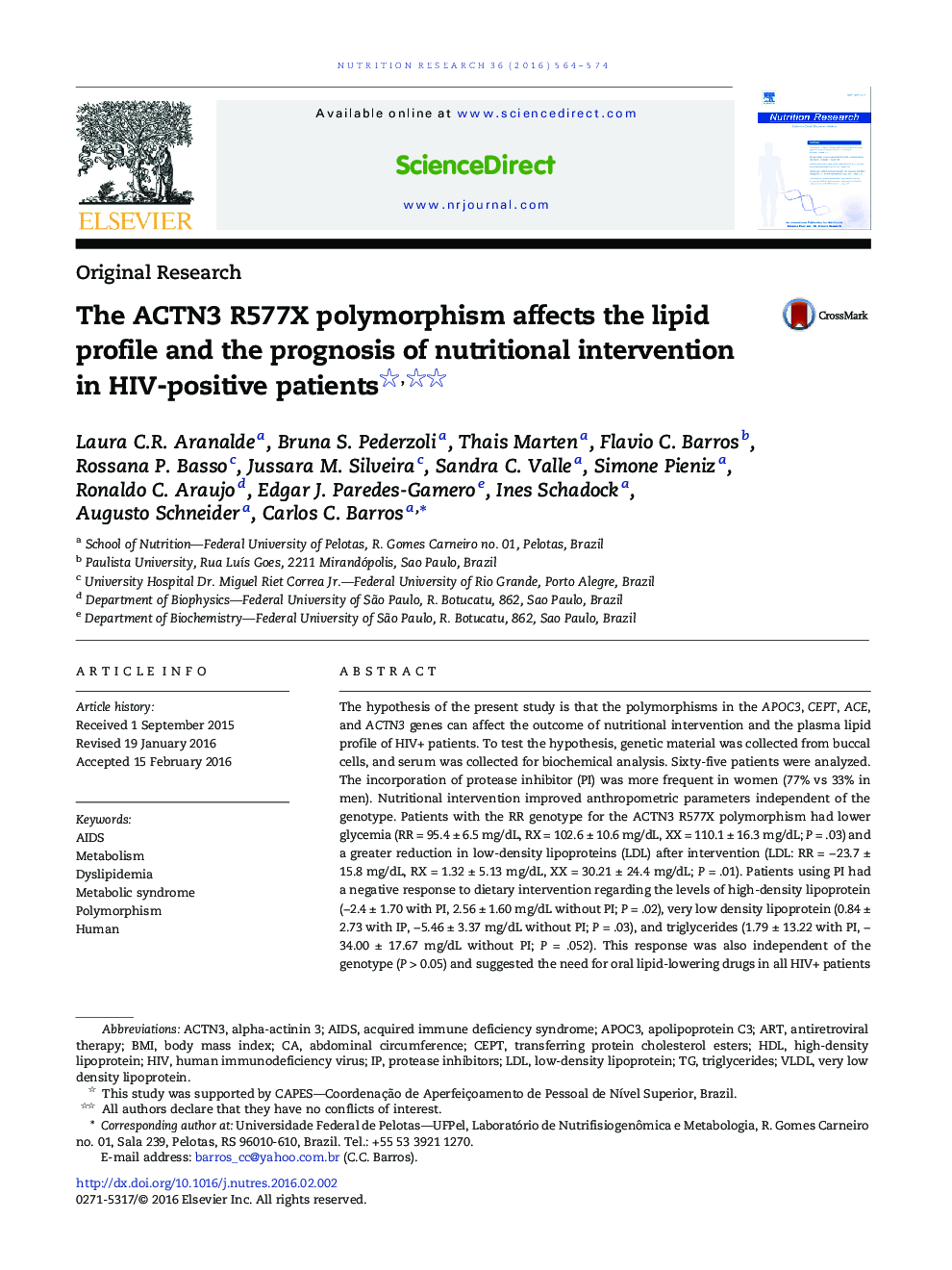 The ACTN3 R577X polymorphism affects the lipid profile and the prognosis of nutritional intervention in HIV-positive patients 