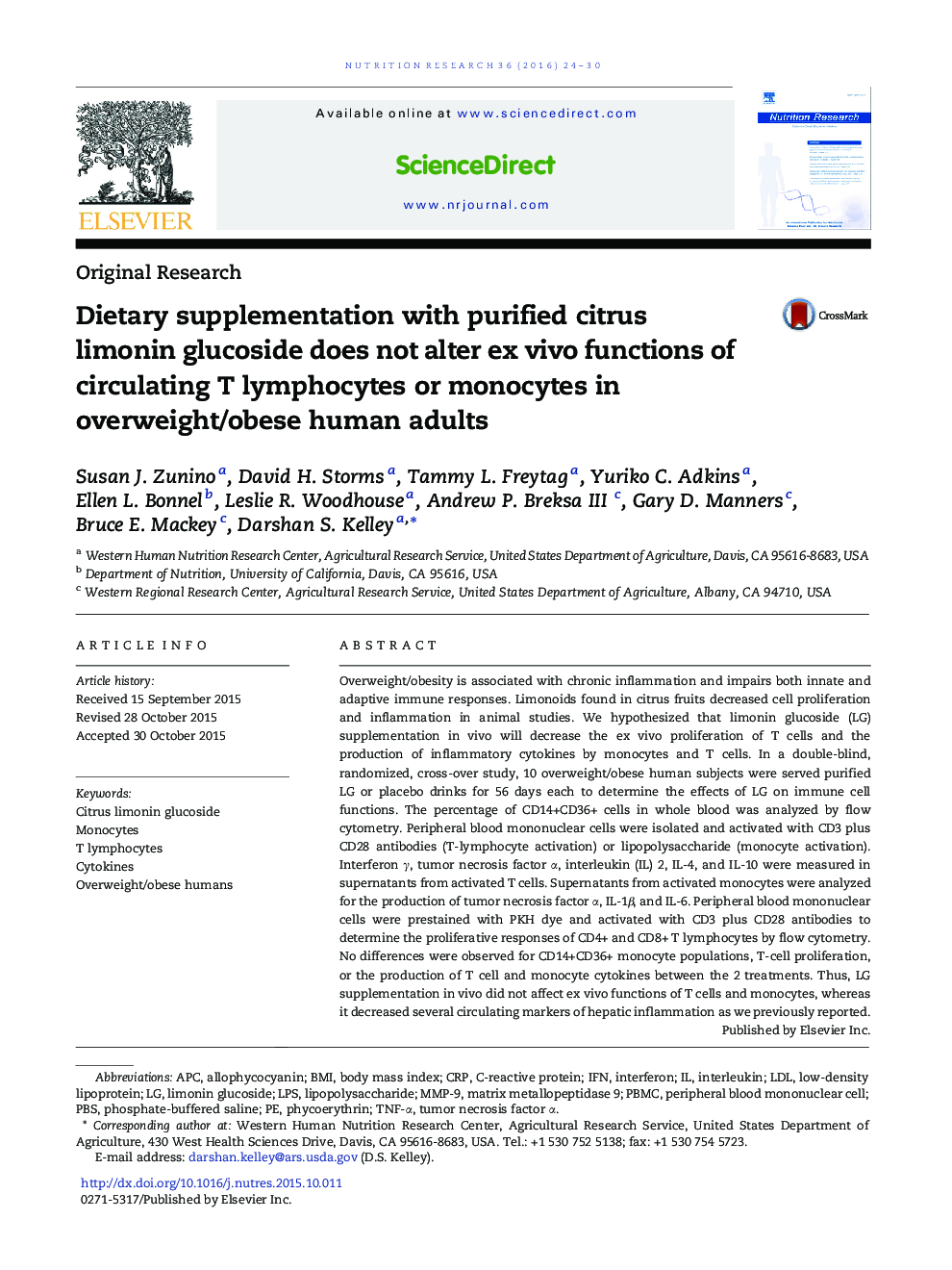 Dietary supplementation with purified citrus limonin glucoside does not alter ex vivo functions of circulating T lymphocytes or monocytes in overweight/obese human adults