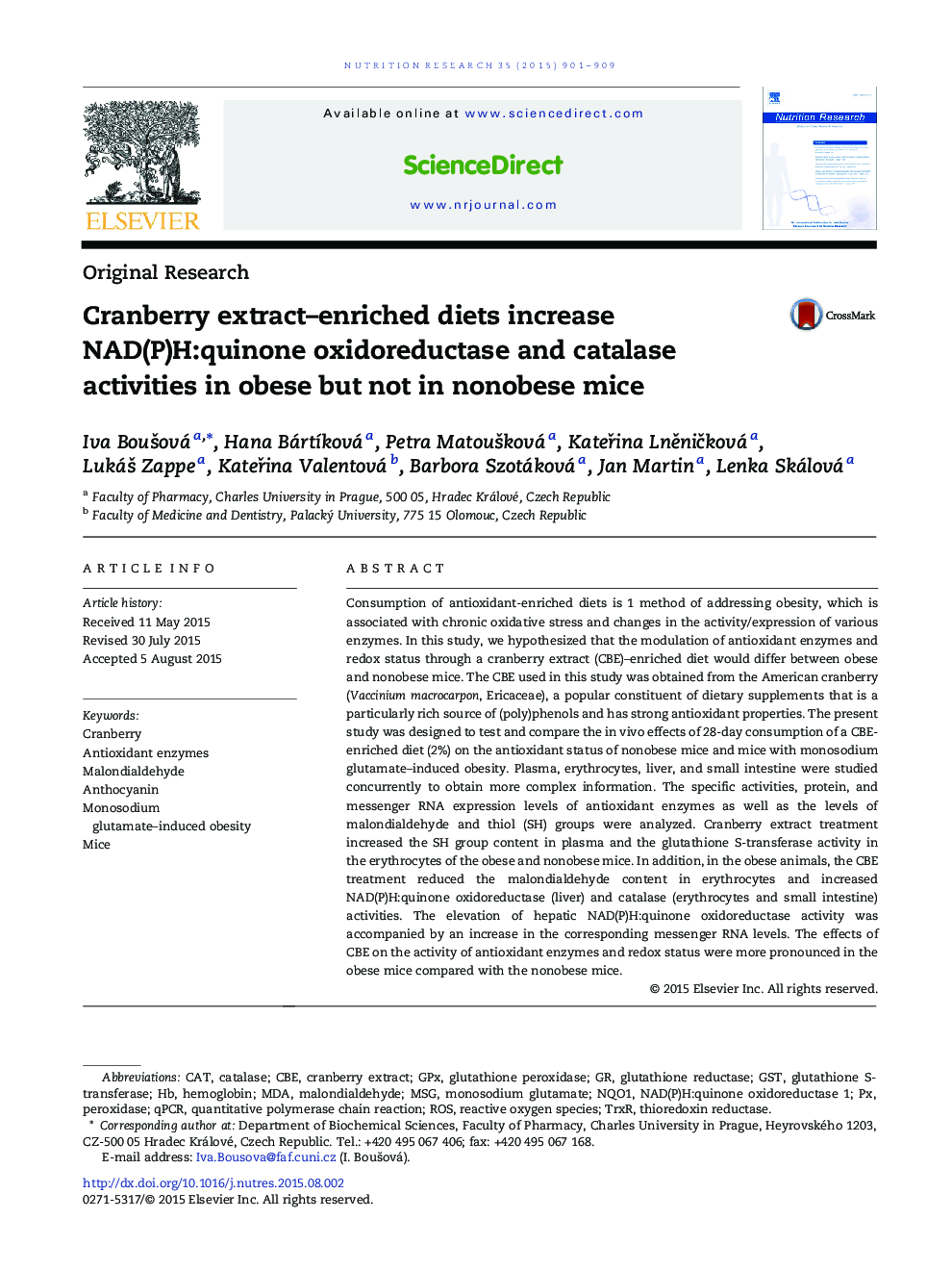 Cranberry extract–enriched diets increase NAD(P)H:quinone oxidoreductase and catalase activities in obese but not in nonobese mice