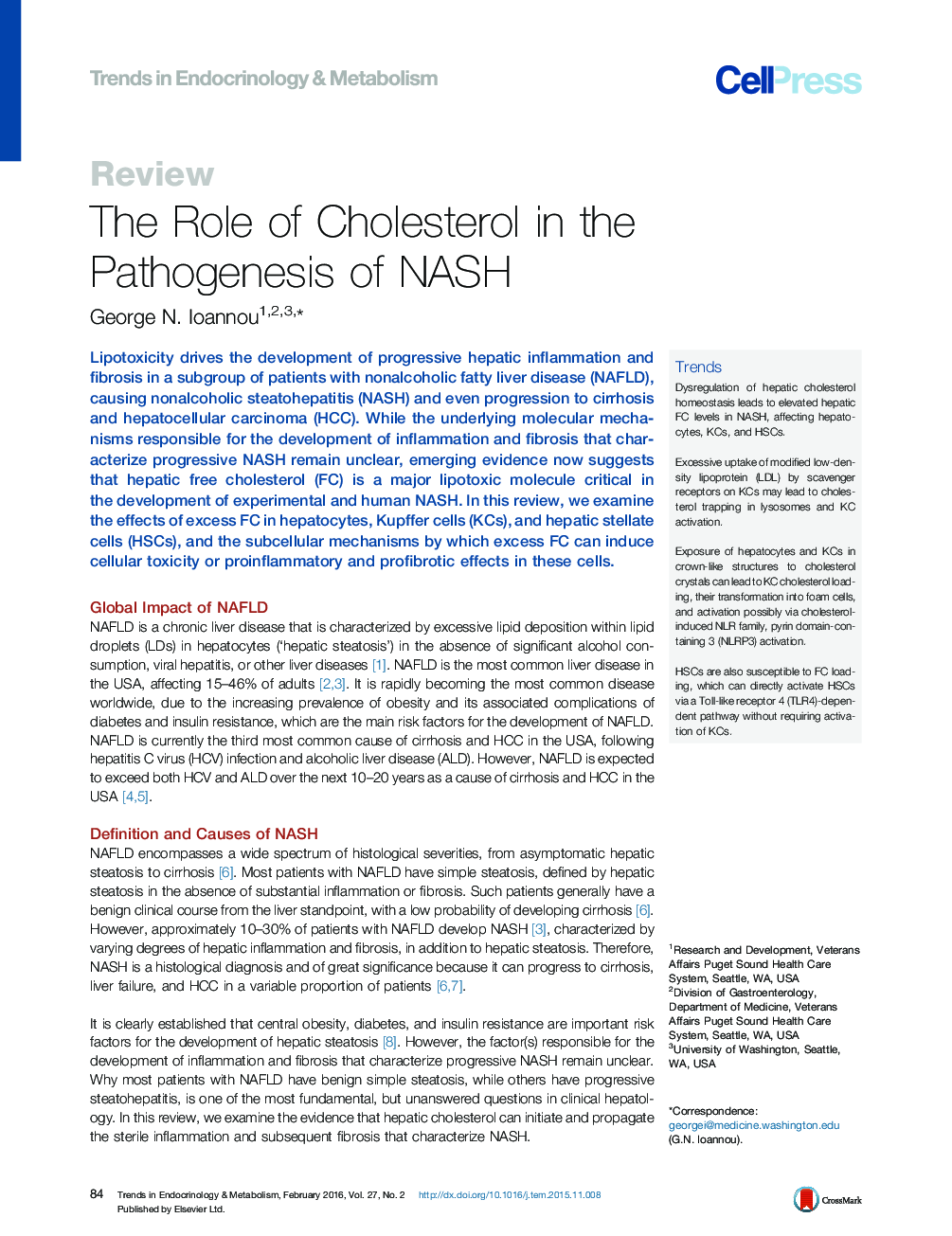 The Role of Cholesterol in the Pathogenesis of NASH
