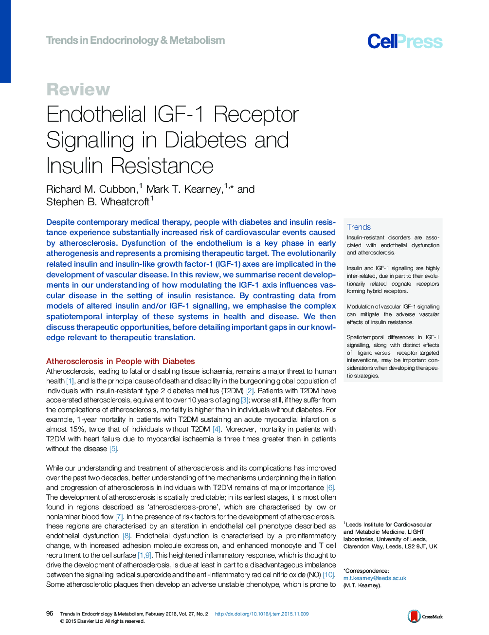 Endothelial IGF-1 Receptor Signalling in Diabetes and Insulin Resistance