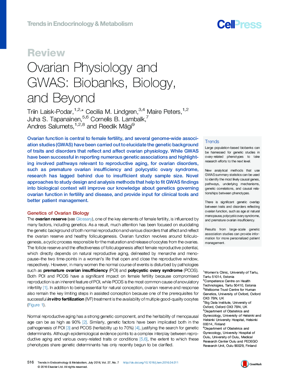Ovarian Physiology and GWAS: Biobanks, Biology, and Beyond