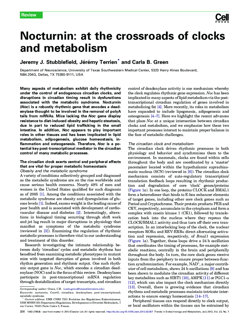 Nocturnin: at the crossroads of clocks and metabolism