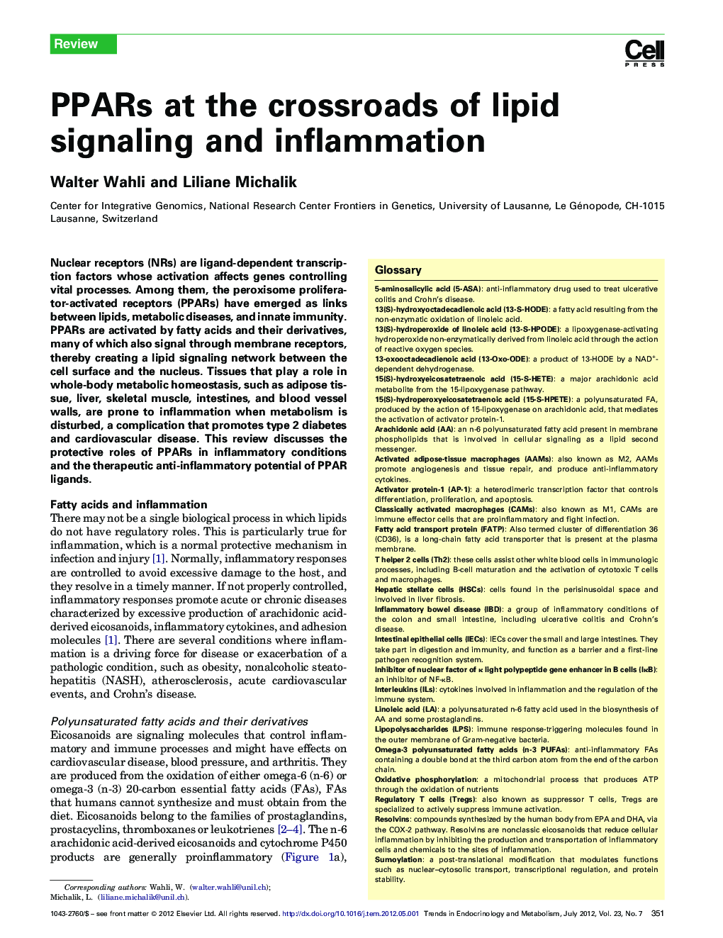 PPARs at the crossroads of lipid signaling and inflammation