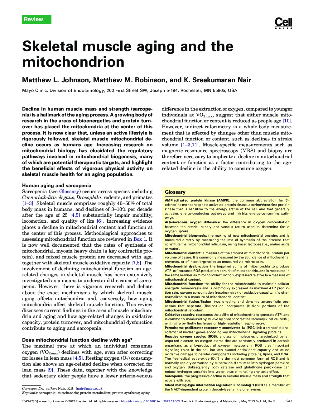 Skeletal muscle aging and the mitochondrion