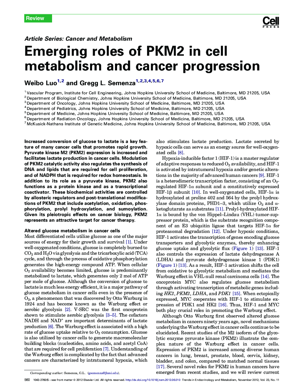 Emerging roles of PKM2 in cell metabolism and cancer progression