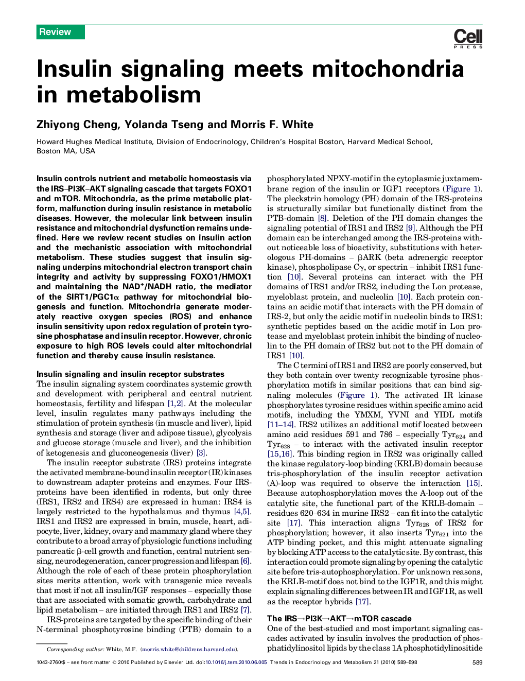 Insulin signaling meets mitochondria in metabolism