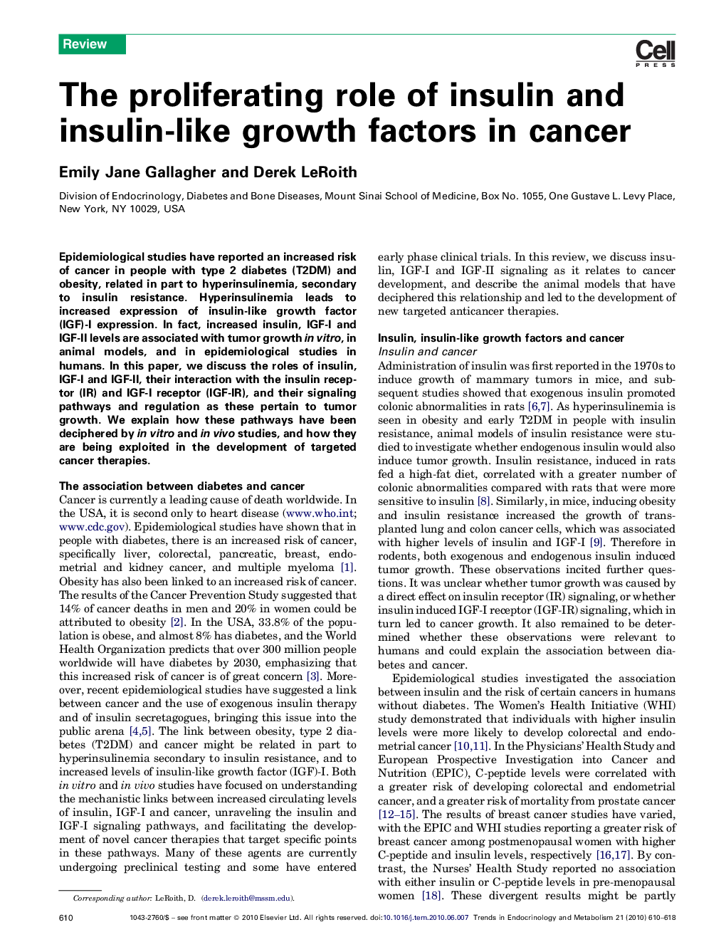 The proliferating role of insulin and insulin-like growth factors in cancer